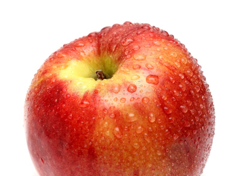 Wet red apple with water drops