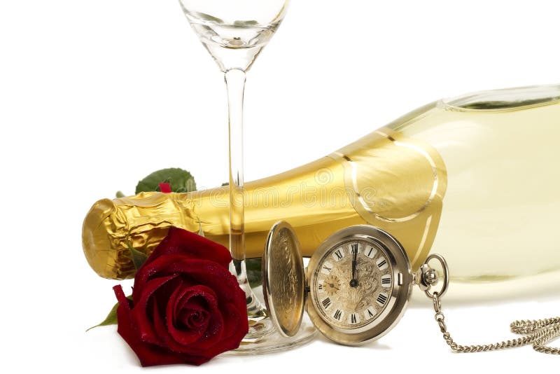 Wet red rose under a champagne bottle with a old p