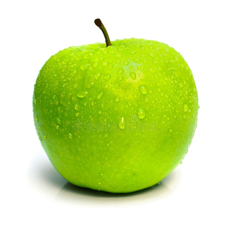 Wet ripe green apple with drops