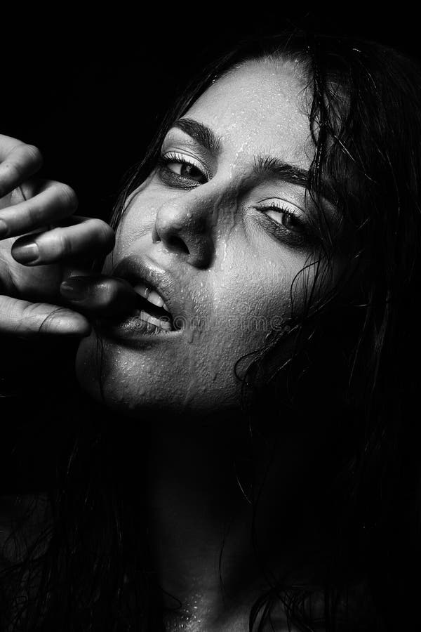 Wet Woman Portrait With Water Drops On The Face Black And White Stock