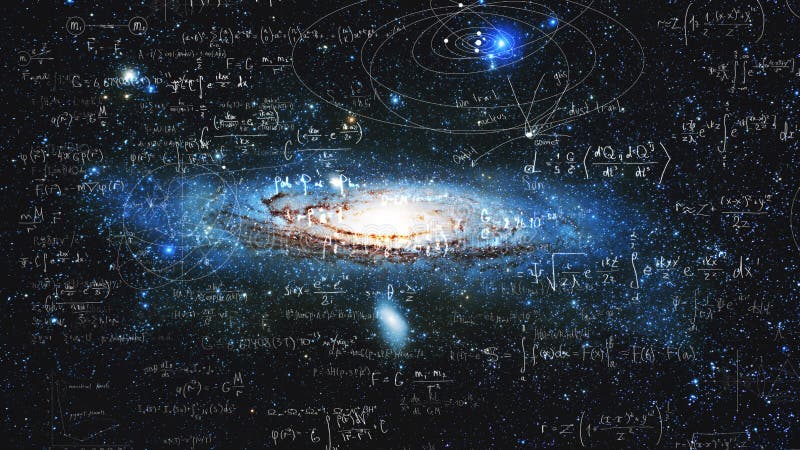 Wetenschap en onderzoek van het universum spiraalmelkwegstelsel en fysieke formules - concept van kennis en onderwijs