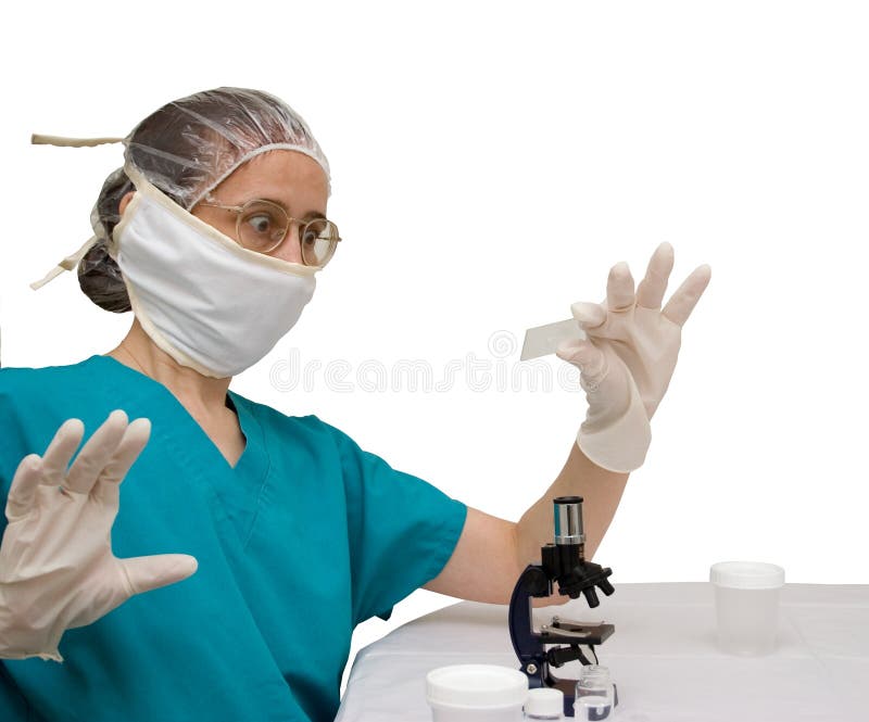 Closeup of surprised female scientist with protective face mask and gloves holding slide, microscope in foreground. Closeup of surprised female scientist with protective face mask and gloves holding slide, microscope in foreground.