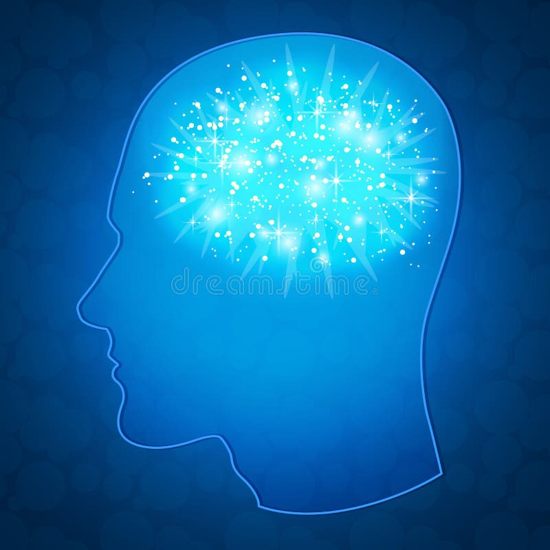 Silhouette of the head in profile with the glowing brain, esoteric background, space and astral. Silhouette of the head in profile with the glowing brain, esoteric background, space and astral