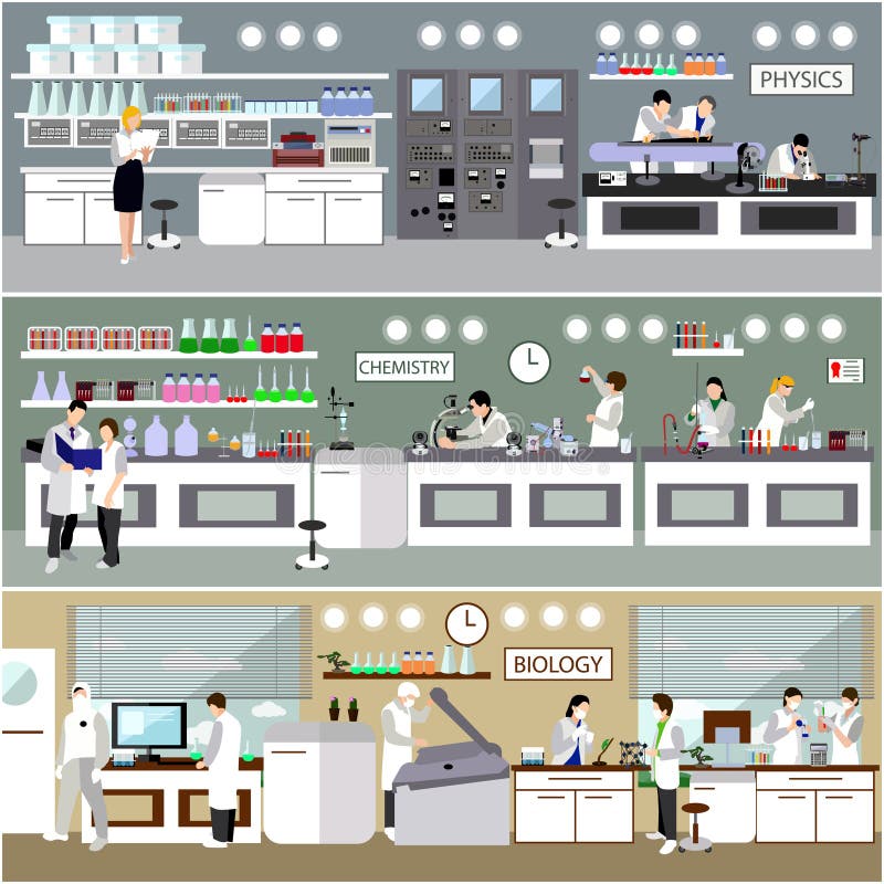 Wetenschapper die in laboratorium vectorillustratie werken Het binnenland van het wetenschapslaboratorium Biologie, Fysica en Che royalty-vrije illustratie Wetenschapper die in laboratorium vectorillustratie werken Het binnenland van het wetenschapslaboratorium Biologie, Fysica en Che royalty-vrije illustratie