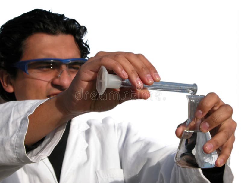 Latin american scientist working with chemical substances. Isolated on white background. High key, focus on his fingers. Subject related to scientific design: chemistry, medicine, biology, university etc. Latin american scientist working with chemical substances. Isolated on white background. High key, focus on his fingers. Subject related to scientific design: chemistry, medicine, biology, university etc