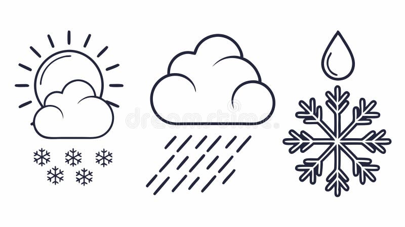 Wettersymbole setzen Illustration Regen Schnee fallen Klima Vorhersage Vektordesign Generative AI. Eine Reihe von Illustrationen, die unterschiedliche Wetterbedingungen darstellen, darunter Regenschneeflocken und Regenfälle. Erläutert verschiedene Formen des Ausfällungsvektordesigns Generative KI