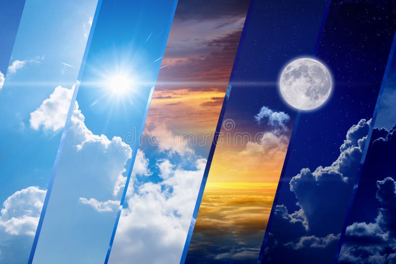 Wettervorhersagecollage Tag und Nacht Licht und Dunkelheit, Sonne lizenzfreie stockfotos Wettervorhersagecollage Tag und Nacht Licht und Dunkelheit, Sonne lizenzfreie stockfotos