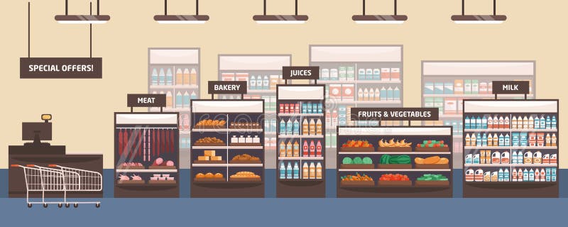 Wewnętrzna ilustracja wektora płaskiego supermarketu Sklep spożywczy, półki z produktami spożywczymi Ajsle sklepu z kartonami