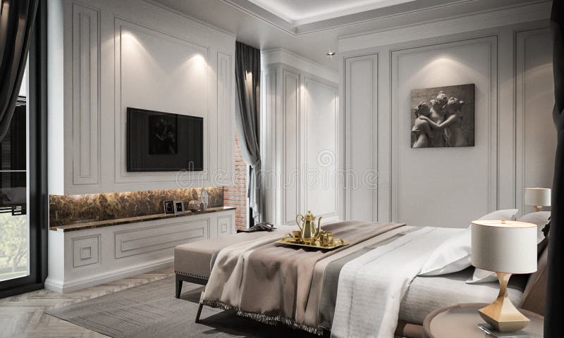 Wewnętrznej sypialni pracowniany egzamin próbny, nowożytny klasyka styl, 3D odpłaca się royalty ilustracja