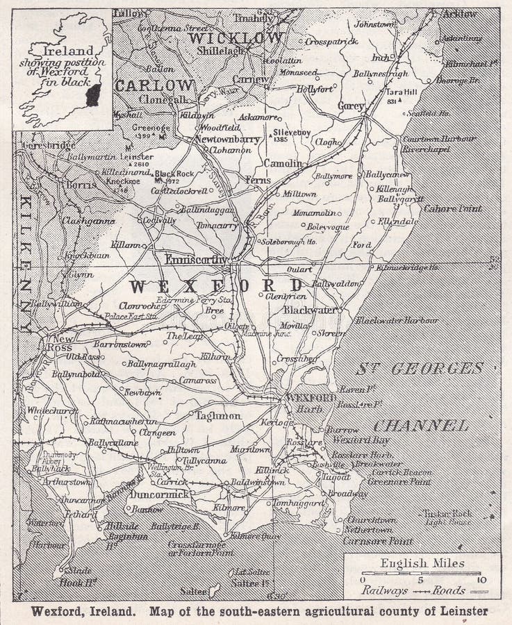 Wexford, Ireland - Map of the south-eastern agricultural county of Leinster.  Wexford is a town in southeast Ireland, at the mouth of the River Slaney. It’s known for its medieval lanes and the opera festival held in the modern National Opera House. West Gate Heritage Tower is a restored 13th-century tollgate. It`s next to the old town walls and ruined 12th-century Selskar Abbey. The Bullring market place, once a bull-baiting site, has a statue marking the 1798 Rebellion against British rule. Wexford, Ireland - Map of the south-eastern agricultural county of Leinster.  Wexford is a town in southeast Ireland, at the mouth of the River Slaney. It’s known for its medieval lanes and the opera festival held in the modern National Opera House. West Gate Heritage Tower is a restored 13th-century tollgate. It`s next to the old town walls and ruined 12th-century Selskar Abbey. The Bullring market place, once a bull-baiting site, has a statue marking the 1798 Rebellion against British rule.