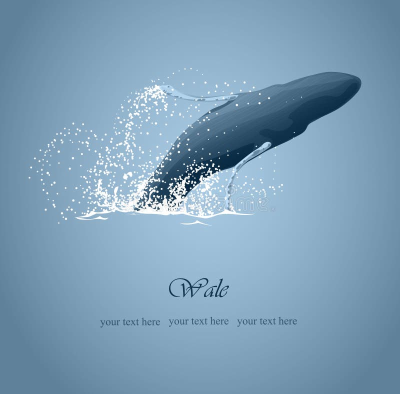 Whale jumps out of the water with splashes, blue tones, illustration. Whale jumps out of the water with splashes, blue tones, illustration