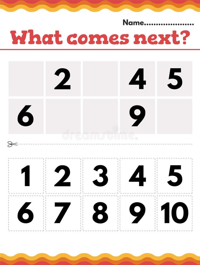What Number Comes Next Math Preschool or Kindergarten Worksheet. Stock