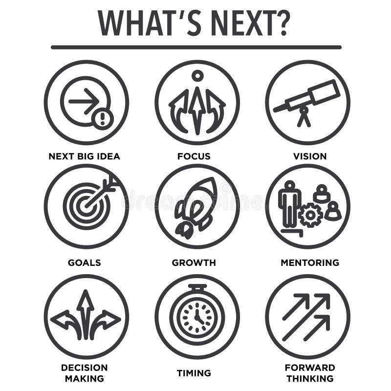 What`s Next Icon Set with Big Idea, Mentoring, Decision Making royalty free illustration