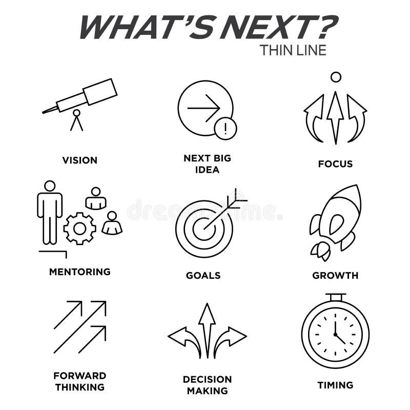 What`s Next Icon Set with Big Idea, Mentoring, Decision Making royalty free illustration