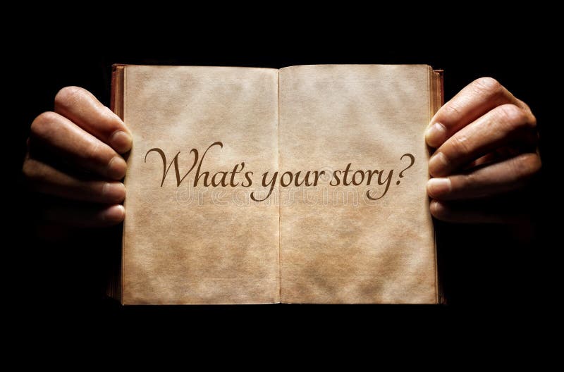 What`s your story? hands holding an open book background message