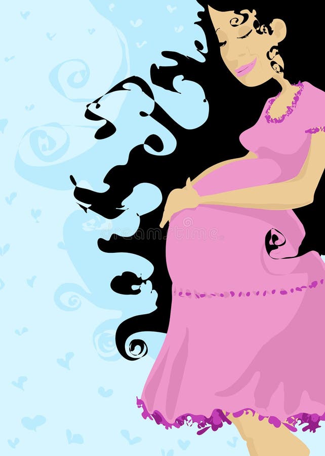 Je tehotná lady s dlhé ružové šaty, obrovský bruško dlhé tmavé vlasy a ružový rúž.