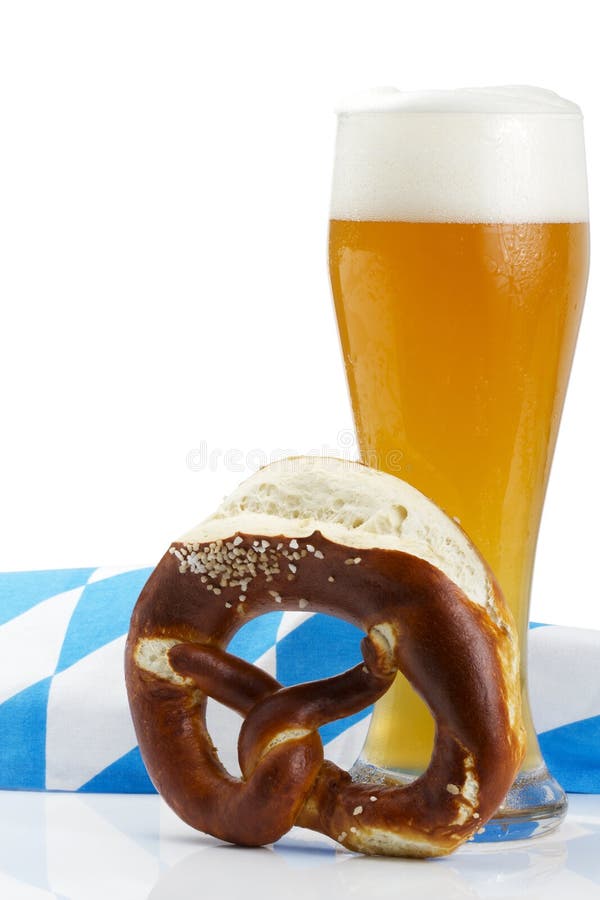 Wheat Beer with Bavarian Towel and Pretzel Stock Image Image of october, oktoberfest 16017873