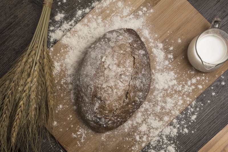 Wheat Flour with a Fresh Hot Bread and Milk Stock Image Image of