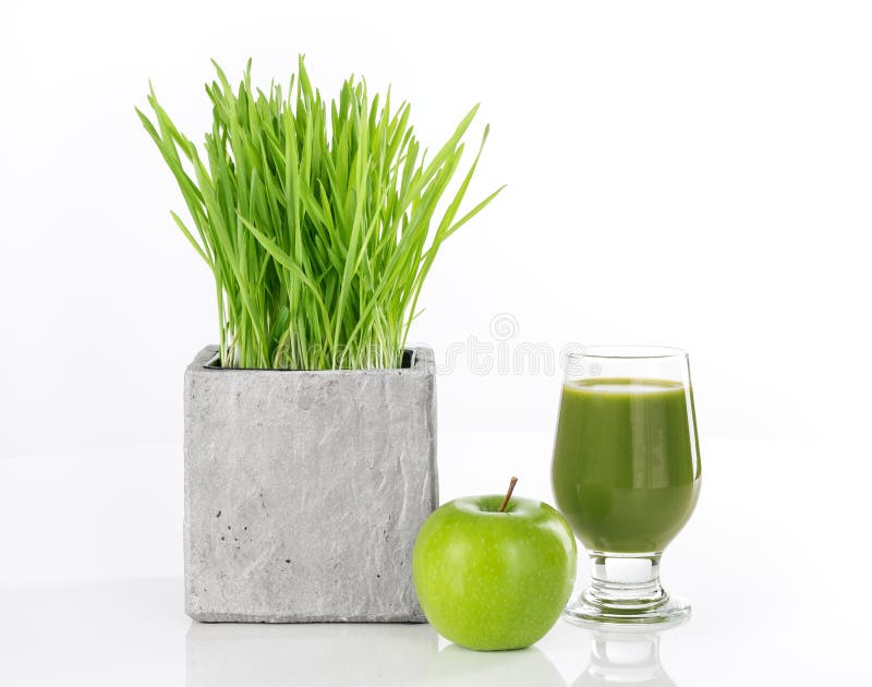 Wheatgrass, pomme et jus de vert image libre de droits Wheatgrass, pomme et jus de vert image libre de droits