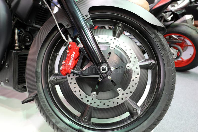 The wheel of Moto Guzzi MGX 21 displayed at MOTO SHOW in Cracow Poland