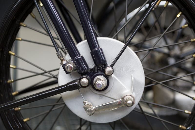 Wheel with Shock Absorber of an Motorcycle Closeup Stock Photo Image