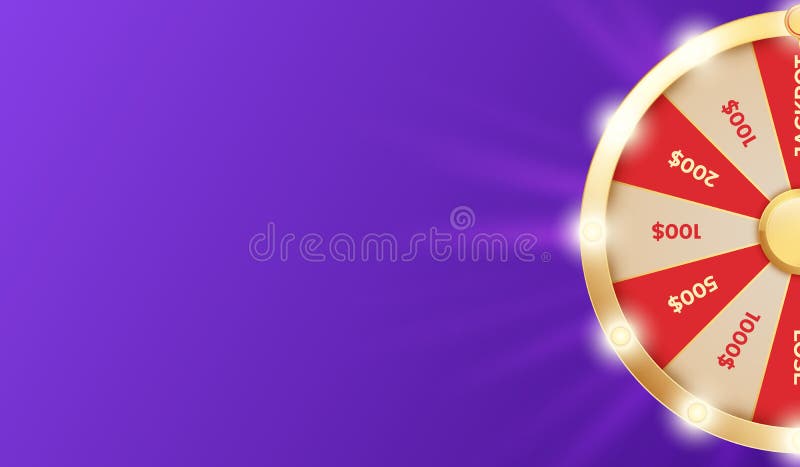 Wheel spin banner, fortune gamble win. Lucky casino game, jackpot or prize, arrow on circle roulette. Win money lottery. Poster template with empty space. Vector 3d illustration on purple background. Wheel spin banner, fortune gamble win. Lucky casino game, jackpot or prize, arrow on circle roulette. Win money lottery. Poster template with empty space. Vector 3d illustration on purple background