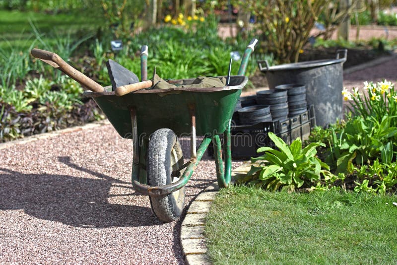 Wheelbarrow with Garden Tools Stock Image Image of spade, wheelbarrow