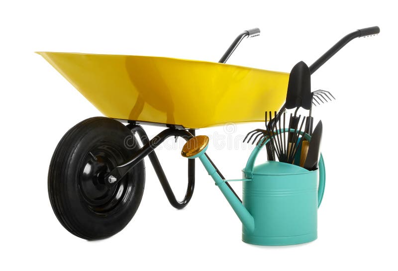 Wheelbarrow with Gardening Tools Isolated Stock Photo Image of season, cultivate 152571836
