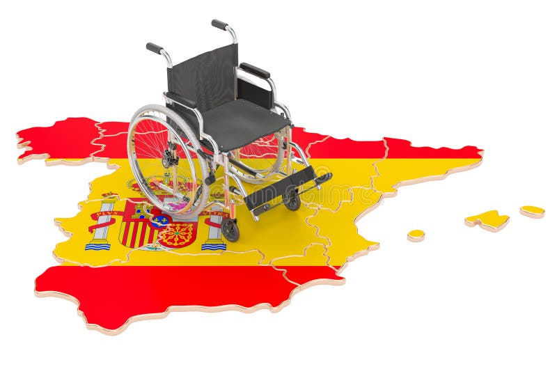 Wheelchair with Spanish Flag. Disability in Spain Concept, 3D Rendering