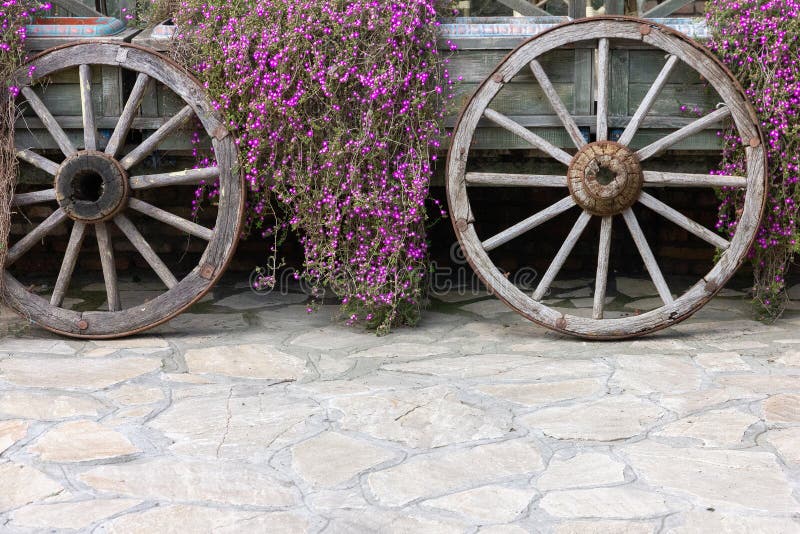 Wheels of old traditional wooden cart, vintage telega in Georgia. Wheels of old traditional wooden cart, vintage telega in Georgia