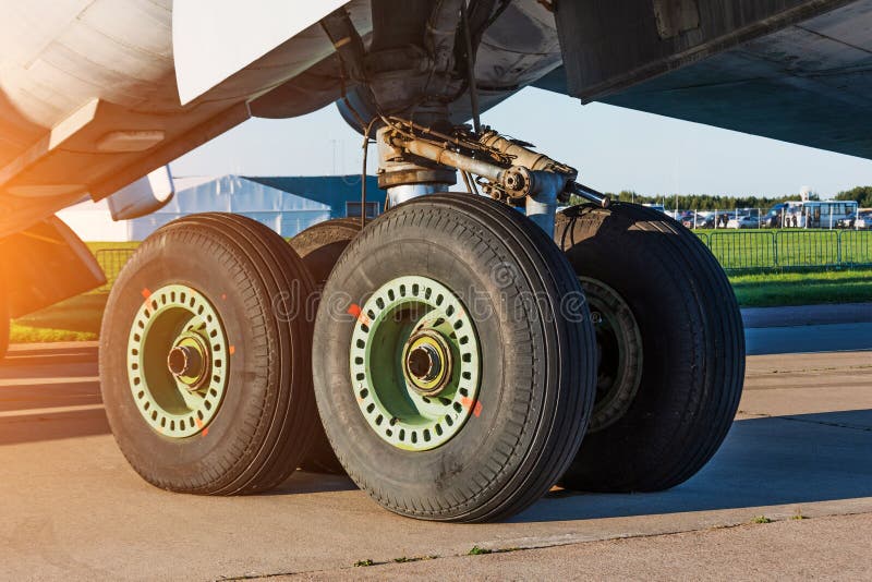 Wheels Rubber Tire Rear Landing Gear Racks, Under Wing View Stock Photo