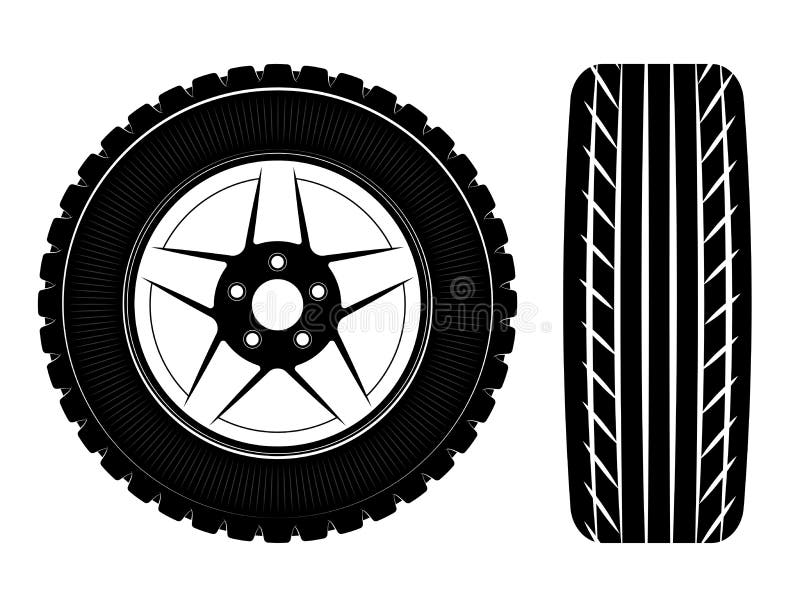 Wheels and tires are black. For a logo or emblem of a tire store or car workshop. For tire fitting.