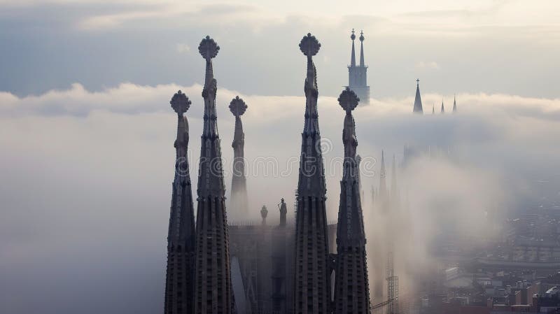 Where towering spires pierce the clouds. Generative Ai stock illustration