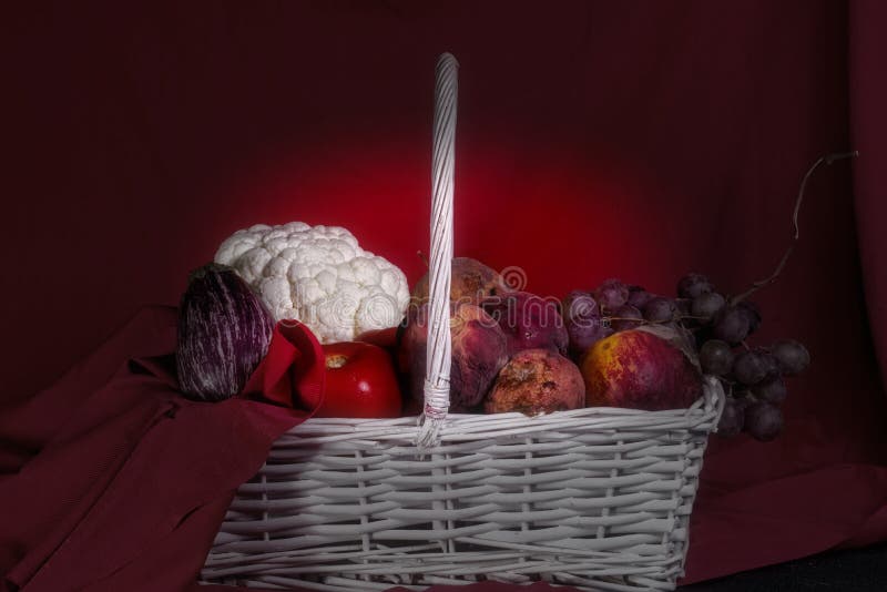 Still life with two peaches and eggplant