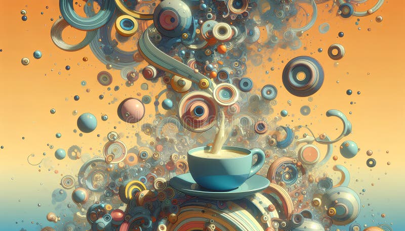 Whimsical and abstract scene featuring a blue teacup filled with a stock image