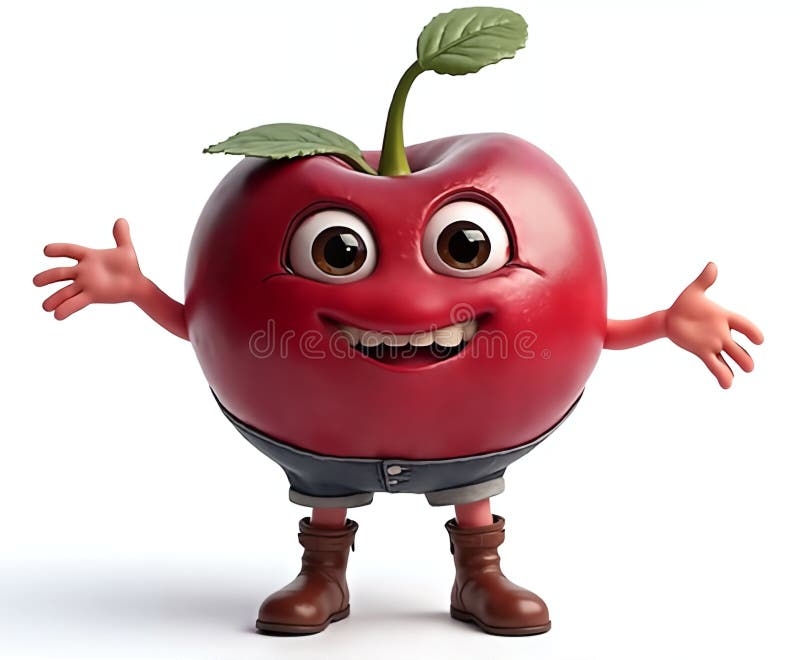 A whimsical, animated depiction of a red apple with anthropomorphic features, including large eyes, a smiling vector illustration