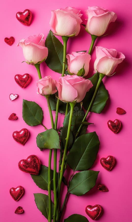 A whimsical array of vibrant roses and playful hearts dances on a soft pink background, creating a romantic royalty free stock photography