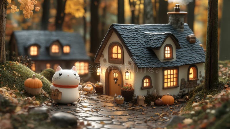 Autumn Cottage and Cat royalty free illustration