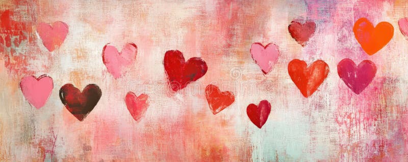 A whimsical background with playful hearts in various shades of red, pink, and coral, scattered stock photography