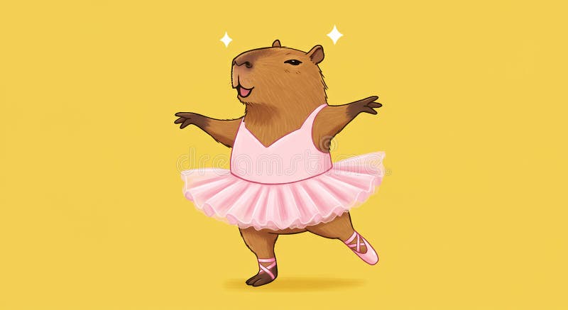 A whimsical cartoon illustration of a capybara wearing a pink ballet outfit, including a tutu and ballet shoes generated royalty free illustration
