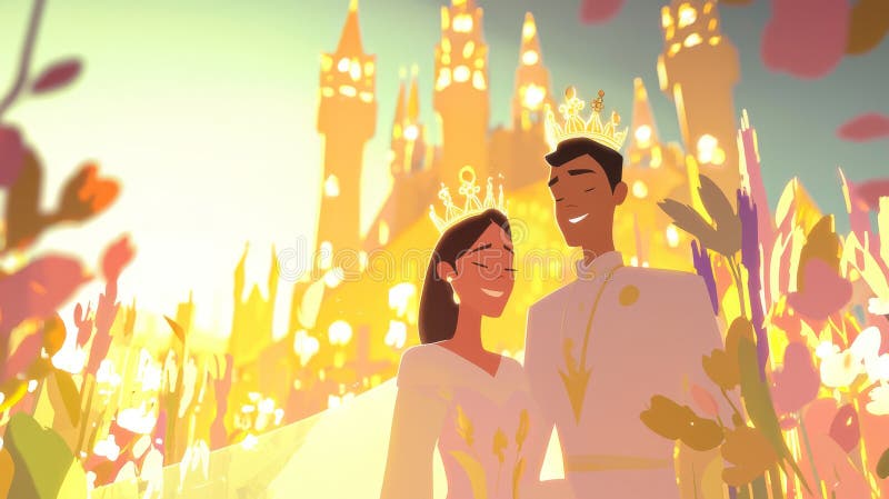 Whimsical Cartoon Illustration of Radiant King and Queen in Magical Garden Castle Setting. Concept of Royal Romance royalty free stock photography