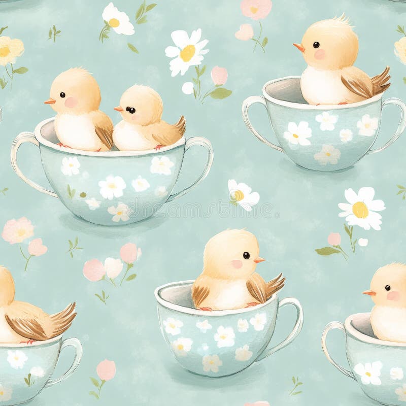 A Whimsicalin a Teacup Pattern with Baby Birds Sitting in Tiny