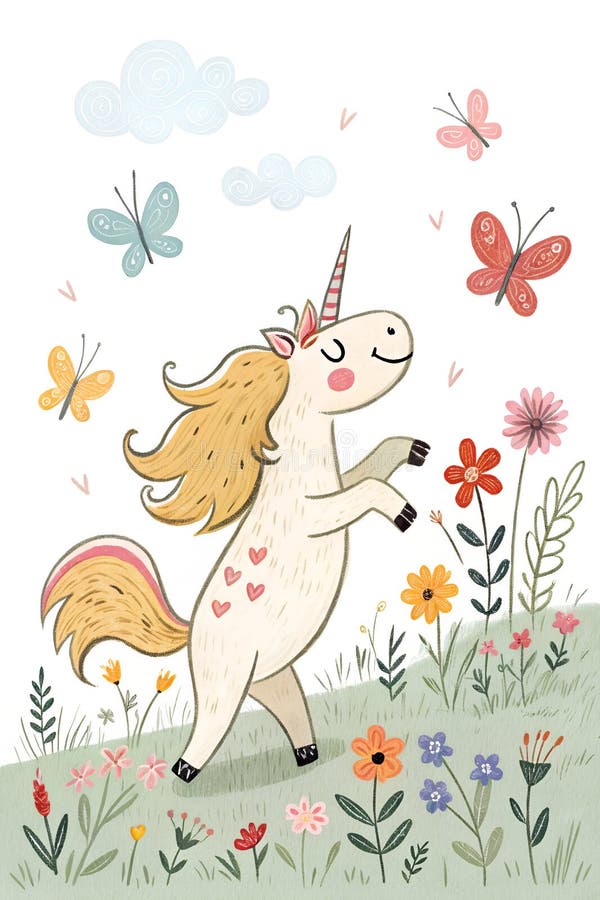 Whimsical childlike unicorn with vibrant flowers and butterflies in a magical garden setting royalty free stock photo