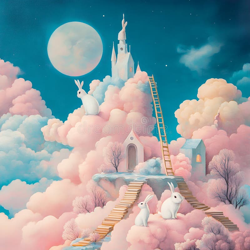 Whimsical Cloud Castle avec lapins paisible Dreameful Art ciel lune rose doux nuit mignonne illustration de vecteur