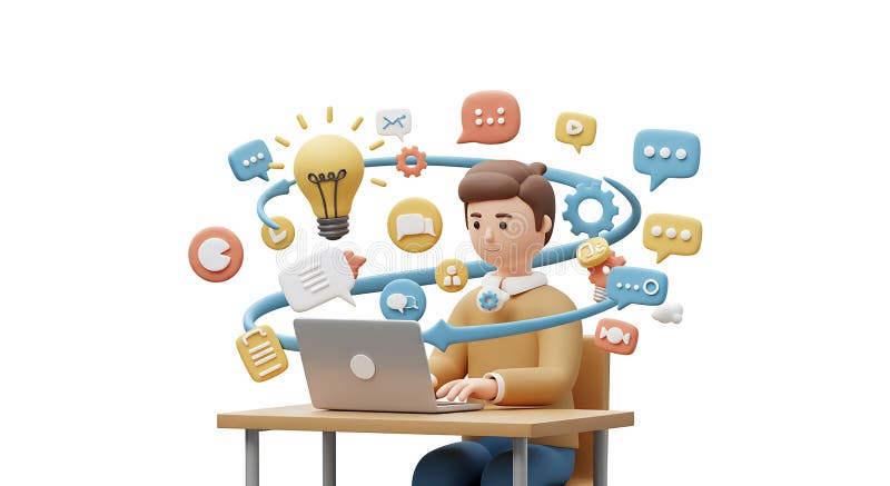A whimsical 3D illustration of a person working at a desk with a laptop, surrounded vector illustration