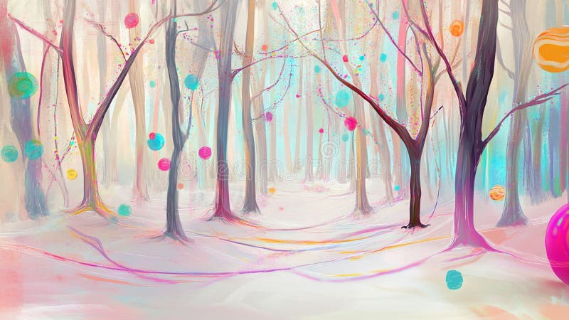 Enchanting Pastel Forest Scene with Colorful Floating Orbs Dreamlike whimsical art vector illustration