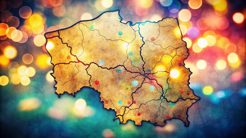 Discover a captivating representation of Poland, rendered in a vibrant, artistic doodle style. This freehand sketch map is not just a geographical representation it's a visual journey through the Polish landscape, brought to life with the delicate touch of bokeh effects. Soft focus adds a dreamy quality, drawing the eye to the intricate details of the doodle. Imagine the rolling hills,. Poland map rivers illustrations