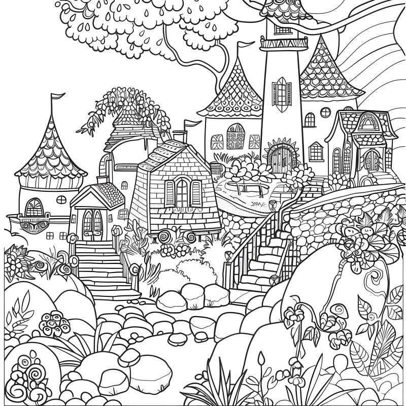 Whimsical Fantasy Coloring Page for All Ages Stock Illustration
