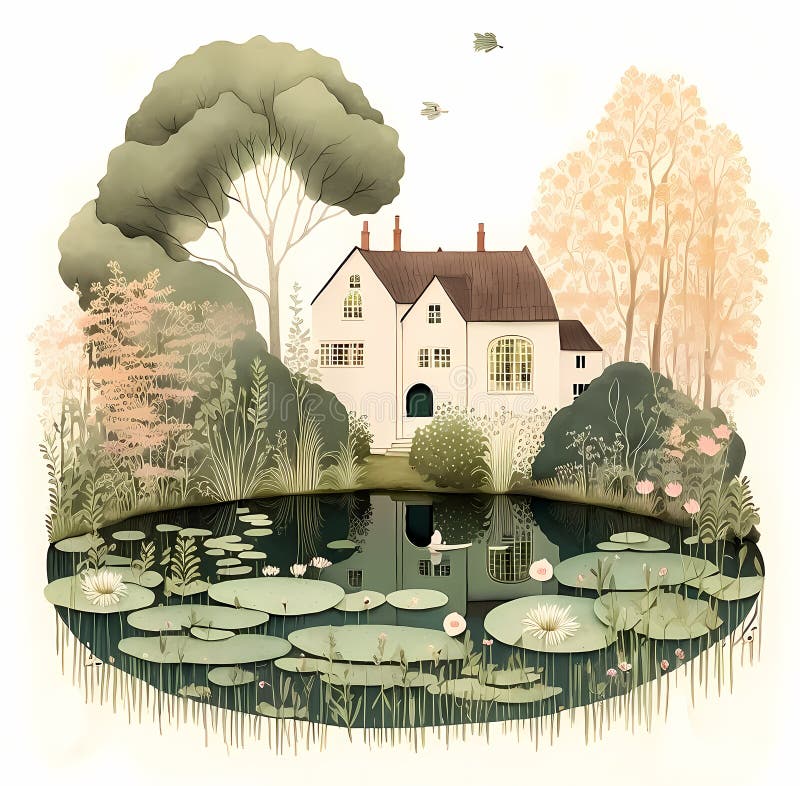 Whimsical fantasy landscape with pond, house and lotus flowers. Digital illustration in retro style
