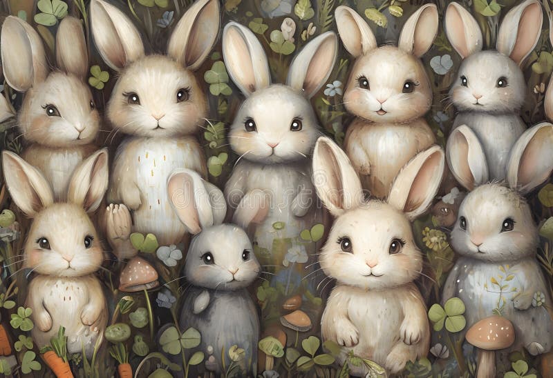 Whimsical FolkArt Rabbits in einer verzauberten Landschaft Szene lizenzfreie abbildung